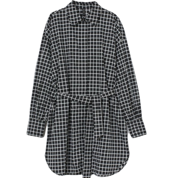 H&M Dresses & Skirts - H&M Tie-Belt Shirt Dress Black/White Check Size XL Oversized Button Down